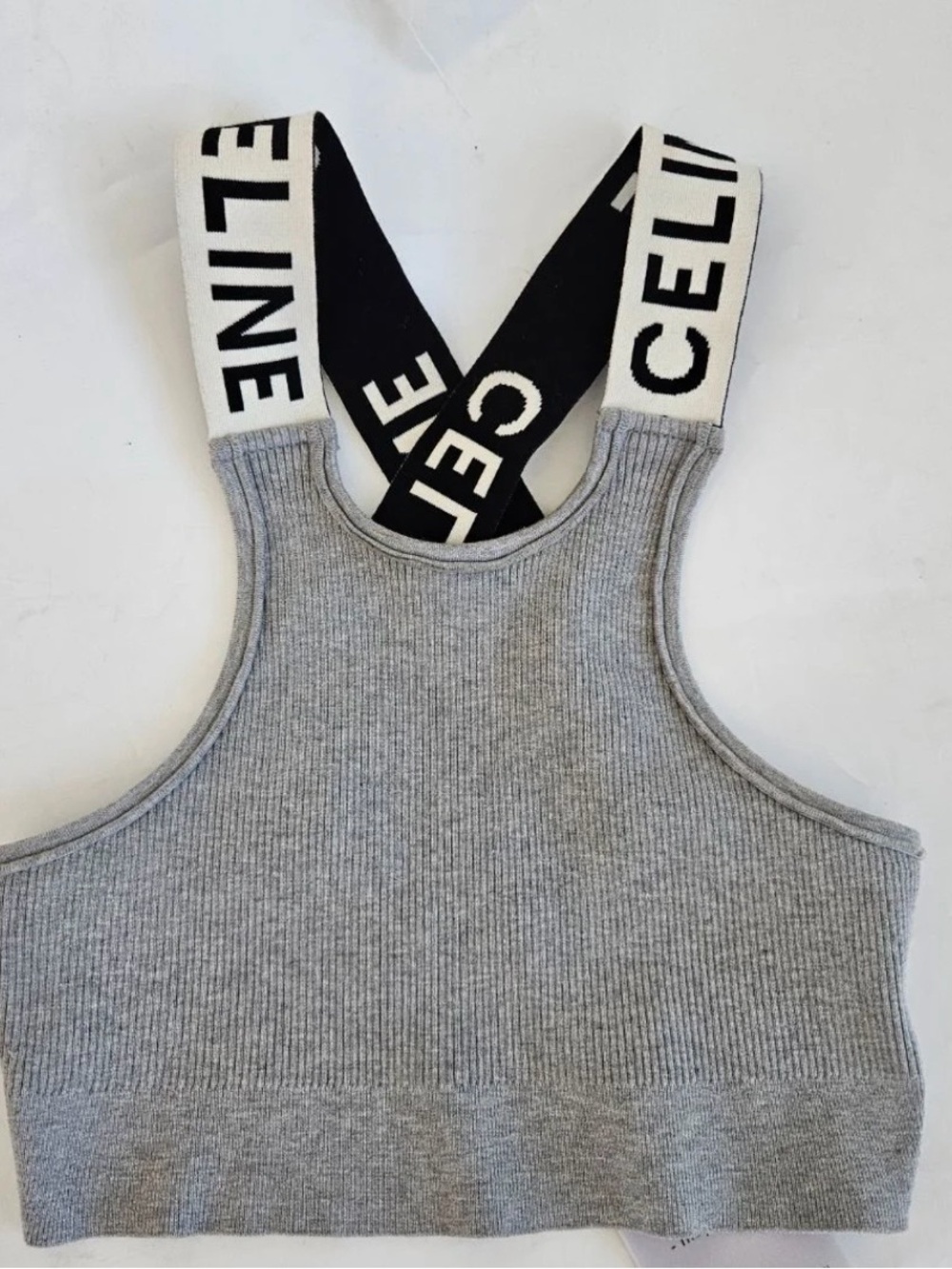 Celine Grey Ribbed Crop Top with Black-and-White Logo Straps